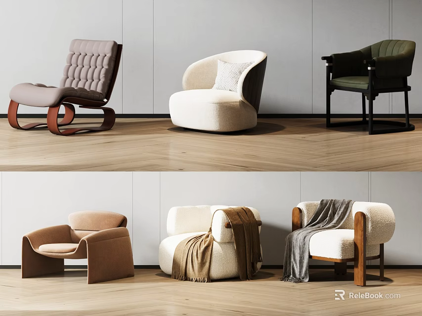 Modern Stylish Accent Chairs With Different Styles Colors Wooden Bases And Fabric Upholstery 3d model 