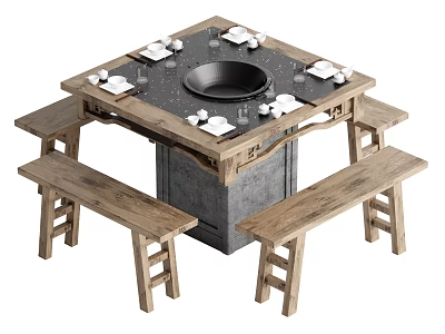 Rustic Square Dining Table Set With Wooden Benches And Central Fire Pit 3d model