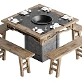 Rustic Square Dining Table Set With Wooden Benches And Central Fire Pit 3d model