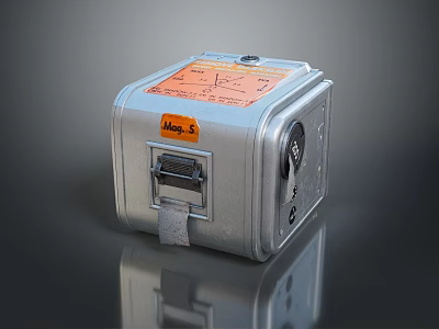 Silver Square Electronic Device With Orange Model 5 Label And Interface Knob 3d model