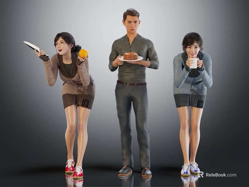 Group of Three People Holding Tablet Orange Plate of Food and Drinking from Cup 3d model 