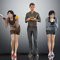 Group of Three People Holding Tablet Orange Plate of Food and Drinking from Cup