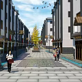 Traditional Chinese Commercial Street With Buildings Pedestrians Archway And Yellow Trees Under Sunny Sky
