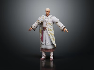 Bald Male Character in Traditional White Robe Standing Pose With Yellow Red Decorations 3d model