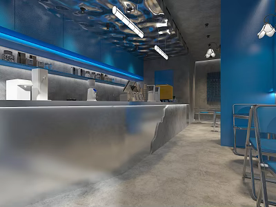 Modern Café Interior with Blue Walls Silver Countertop Metal Chairs and Ceiling Lights 3d model