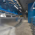 Modern Café Interior with Blue Walls Silver Countertop Metal Chairs and Ceiling Lights