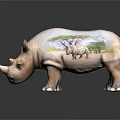 Decorative Rhinoceros Figurine With Painted Savanna Scene And Rhinoceros Image On Body