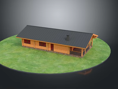 Wooden House on Green Lawn with Black Roof Chimney and Windows Exterior Design 3d model