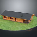 Wooden House on Green Lawn with Black Roof Chimney and Windows Exterior Design