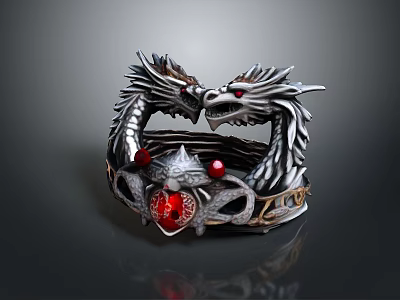 Dragon Head Design Bracelet Adorned with Red Gemstones and Intricate Patterns 3d model