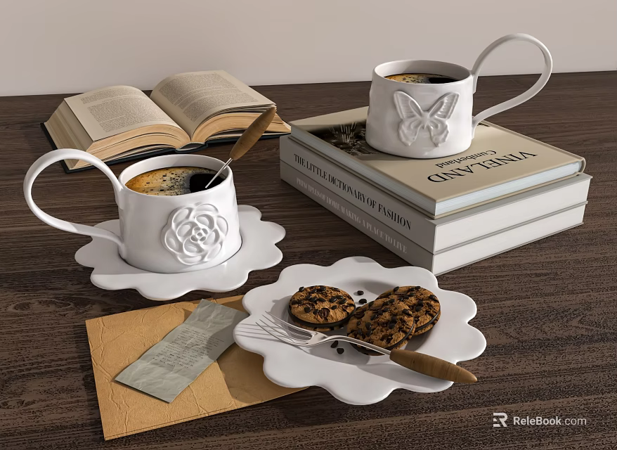 White Cups With Rose And Butterfly Decorations On Books With Coffee And Cookies 3d model 