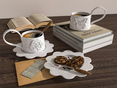 White Cups With Rose And Butterfly Decorations On Books With Coffee And Cookies 3d model