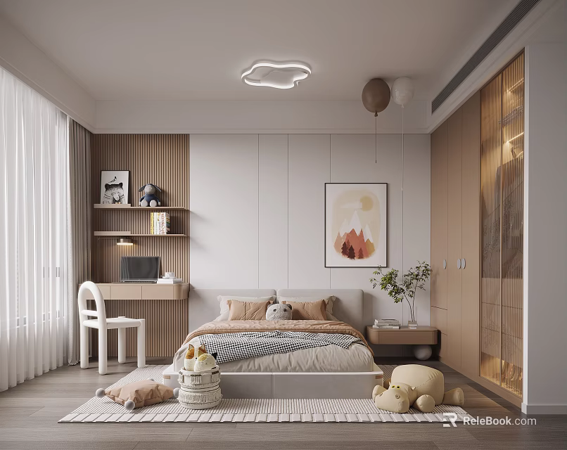 Modern Kids Room Interior With Bed Study Desk Toys Wall Art And Soft Rug 3d model 