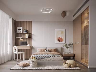 Modern Kids Room Interior With Bed Study Desk Toys Wall Art And Soft Rug 3d model