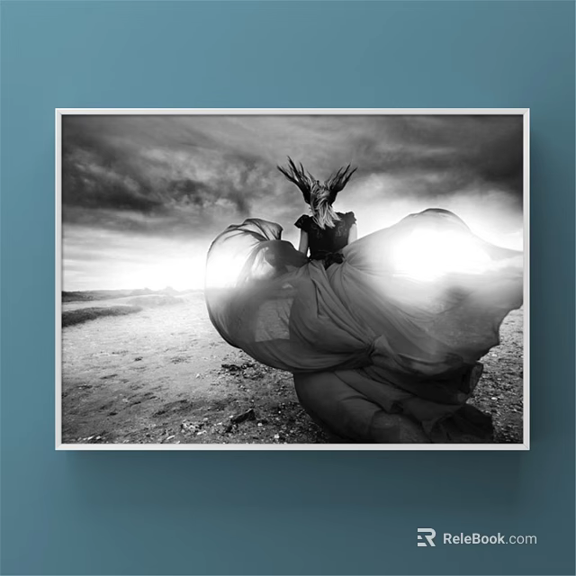 Black And White Figure Painting With Antler Headdress Flowing Dress Dynamic Pose And Open Landscape 3d model 