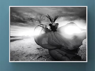 Black And White Figure Painting With Antler Headdress Flowing Dress Dynamic Pose And Open Landscape 3d model