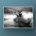 Black And White Figure Painting With Antler Headdress Flowing Dress Dynamic Pose And Open Landscape