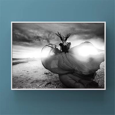 Black And White Figure Painting With Antler Headdress Flowing Dress Dynamic Pose And Open Landscape 3d model