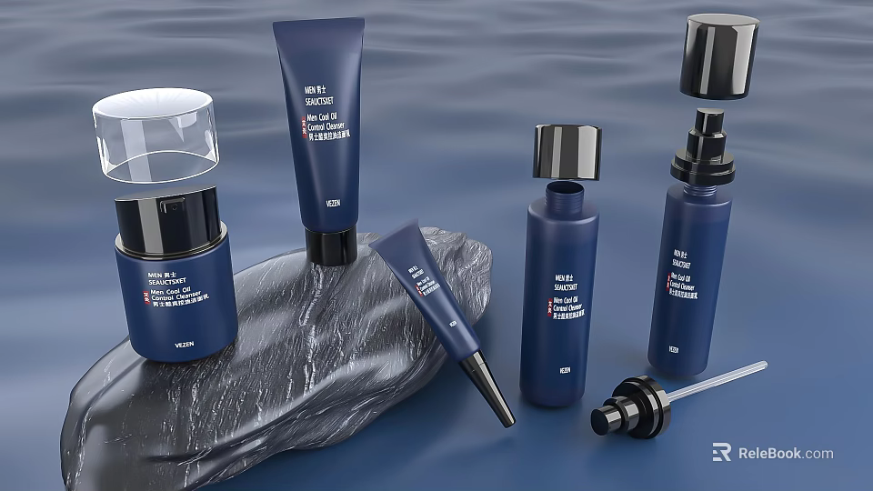 Elegant Modern Navy Blue Perfume Cosmetic Bottles With Skincare Products And Natural Stone 3d model 