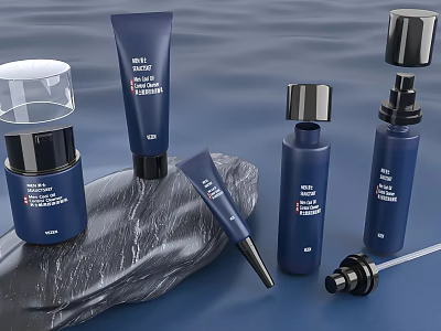 Elegant Modern Navy Blue Perfume Cosmetic Bottles With Skincare Products And Natural Stone 3d model