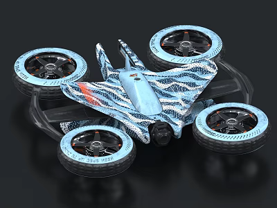 Stylish Four Wheeled Device With Blue White Wavy Pattern And Unique Wheel Design 3d model