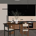 Modern Wooden Dining Table Set With Upholstered Chairs Black Cabinets Pendant Lights And Vase Greenery