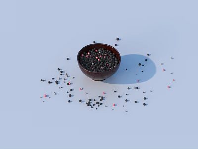 Black And Pink Grains In Dark Bowl With Scattered Pieces On Light Blue Background 3d model