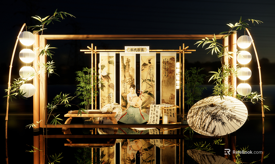 Traditional Chinese Photo Check-in Spot With Bamboo Lanterns Screen Ancient Decor And Water Reflection 3d model 