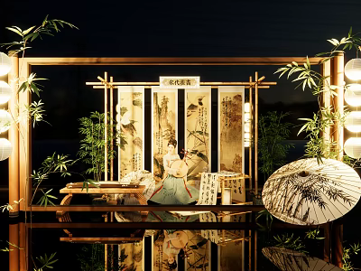 Traditional Chinese Photo Check-in Spot With Bamboo Lanterns Screen Ancient Decor And Water Reflection 3d model