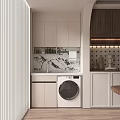 Modern Home Balcony With White Blinds Cabinets Marble Countertop Washing Machine And Decorative Vases