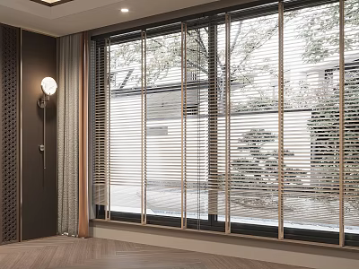 Functional Window Blinds Enhance Modern Home Interior with Natural View and Scenic Outdoor Trees 3d model