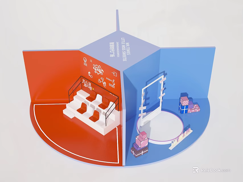 3D Pop-up Photo Check-in Spot with Red Blue Sections White Staircase and Arch Frame 3d model 
