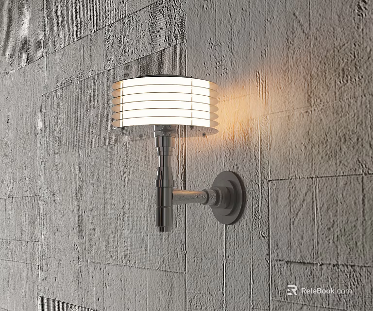 Modern Wall Sconce With White Striped Lampshade Emitting Warm Light On Textured Wall 3d model 