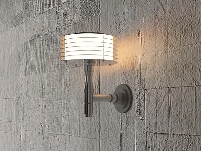 Modern Wall Sconce With White Striped Lampshade Emitting Warm Light On Textured Wall 3d model