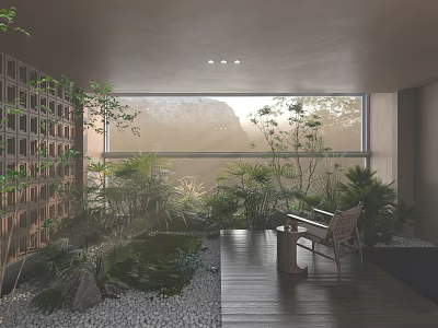 Villa Balcony Design With Wooden Flooring Lush Green Plants Outdoor Chair And Mountain View 3d model