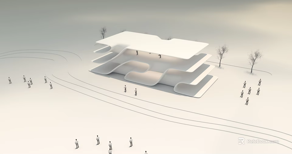 Modern Architectural Design Featuring Curved Wave Structure Pedestrians Trees And Nearby Paths 3d model 