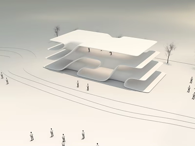 Modern Architectural Design Featuring Curved Wave Structure Pedestrians Trees And Nearby Paths 3d model