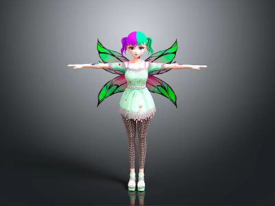 Cartoon Fairy Character With Purple Green Hair Green Wings Light Green Dress And Patterned Tights 3d model