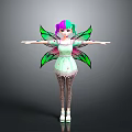 Cartoon Fairy Character With Purple Green Hair Green Wings Light Green Dress And Patterned Tights