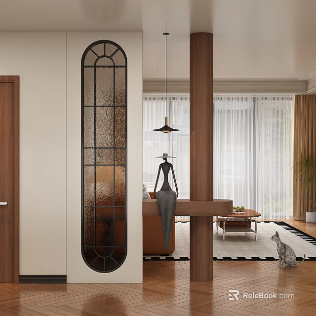 Entryway Hallway With Arched Glass Panel Wooden Pillar Pendant Light Statue And Living Room Rug 3d model 