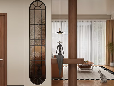 Entryway Hallway With Arched Glass Panel Wooden Pillar Pendant Light Statue And Living Room Rug 3d model