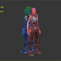 3D Game Movie Characters With Blue Hair Teal Outfits Sleeveless Tops Cargo Pants And Boots