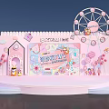 Pink Themed Stage with Ferris Wheel Cartoon Elements and Lollipop Decorations 3d model
