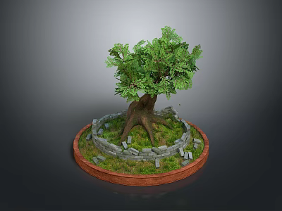 Potted Tree With Exposed Roots Green Foliage Grass Stone Surround And Circular Red Border 3d model