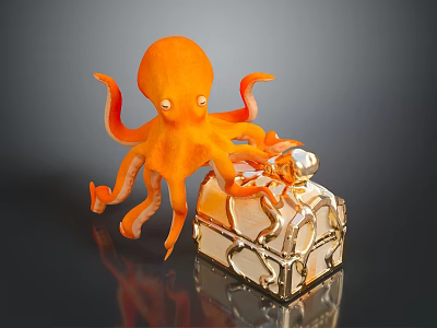 Orange Octopus Interacting With Shiny Decorative Treasure Chest On Dark Reflective Surface 3d model