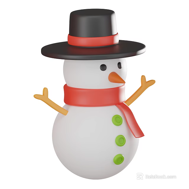 Festive Snowman Decorative Figurine with Black Hat Red Scarf Green Buttons and Yellow Arms 3d model 