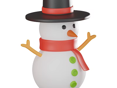 Festive Snowman Decorative Figurine with Black Hat Red Scarf Green Buttons and Yellow Arms 3d model