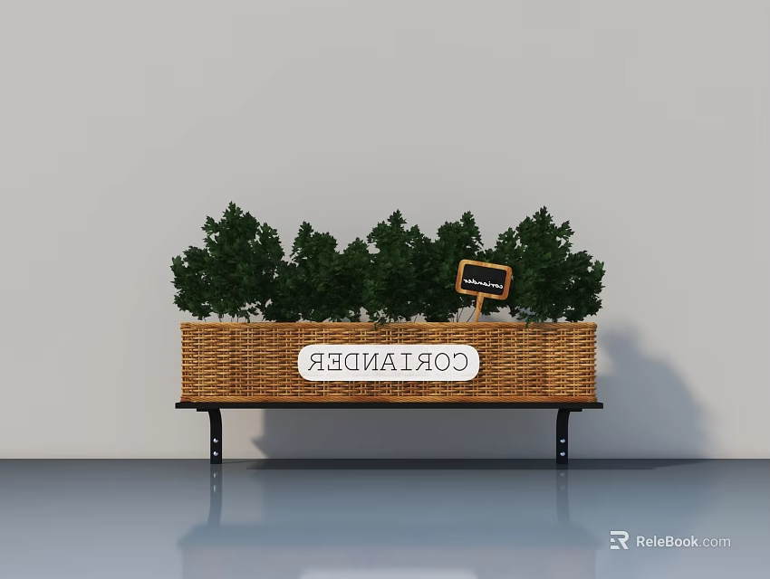 Stylish Garden Decor With Wicker Basket Green Small Trees And Blackboard On Black Stand 3d model 