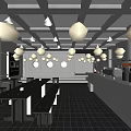 Modern Café Interior With Grid Ceiling Long Table Bench Seats And Bar Counter 3d model