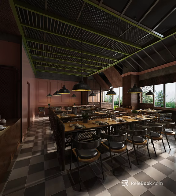 Elegant Modern Restaurant Interior With Wooden Tables Hanging Lights And Large Windows 3d model 